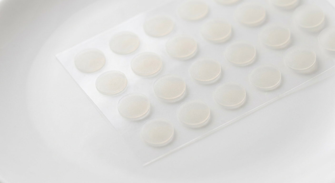 Close-up of hydrocolloid acne patches on their backing sheet