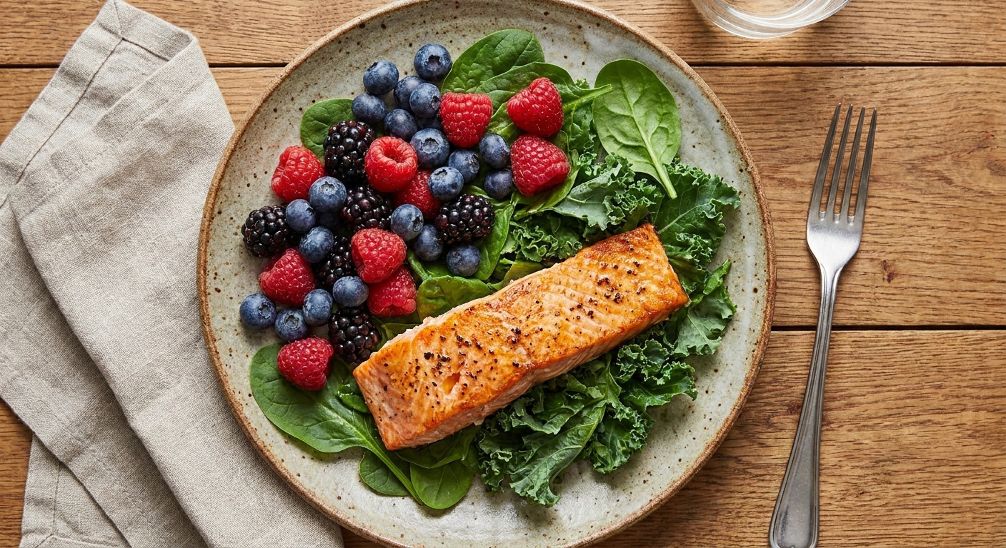 A colorful plate of anti-inflammatory foods — salmon, berries, leafy greens