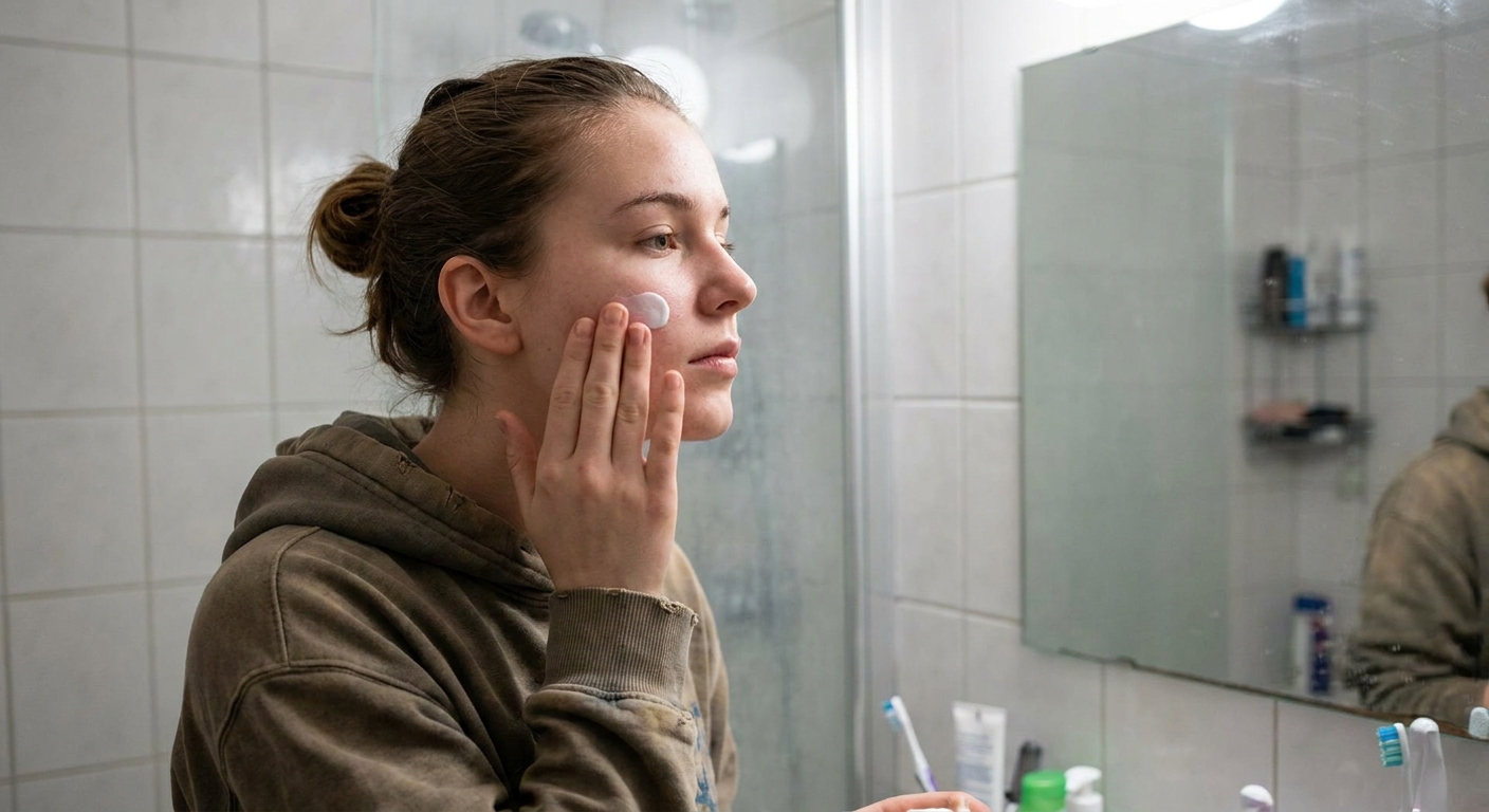 A teenager applying a thin layer of cream to their cheek