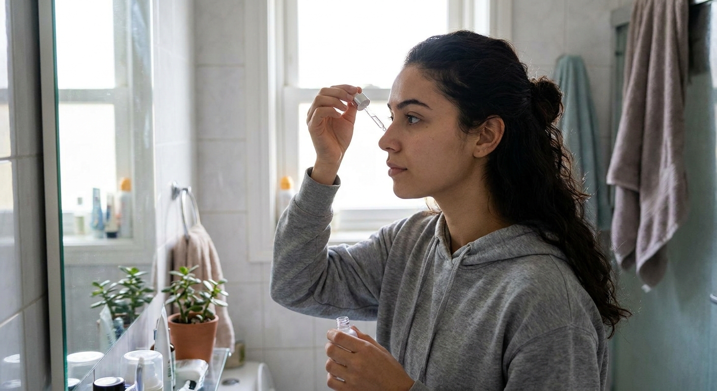 A teenager applying serum drops to their face