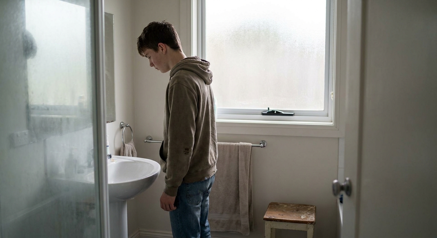 A teenager avoiding looking in a mirror, turning away