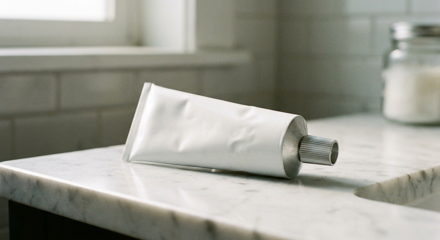 A tube of azelaic acid cream on a bathroom counter