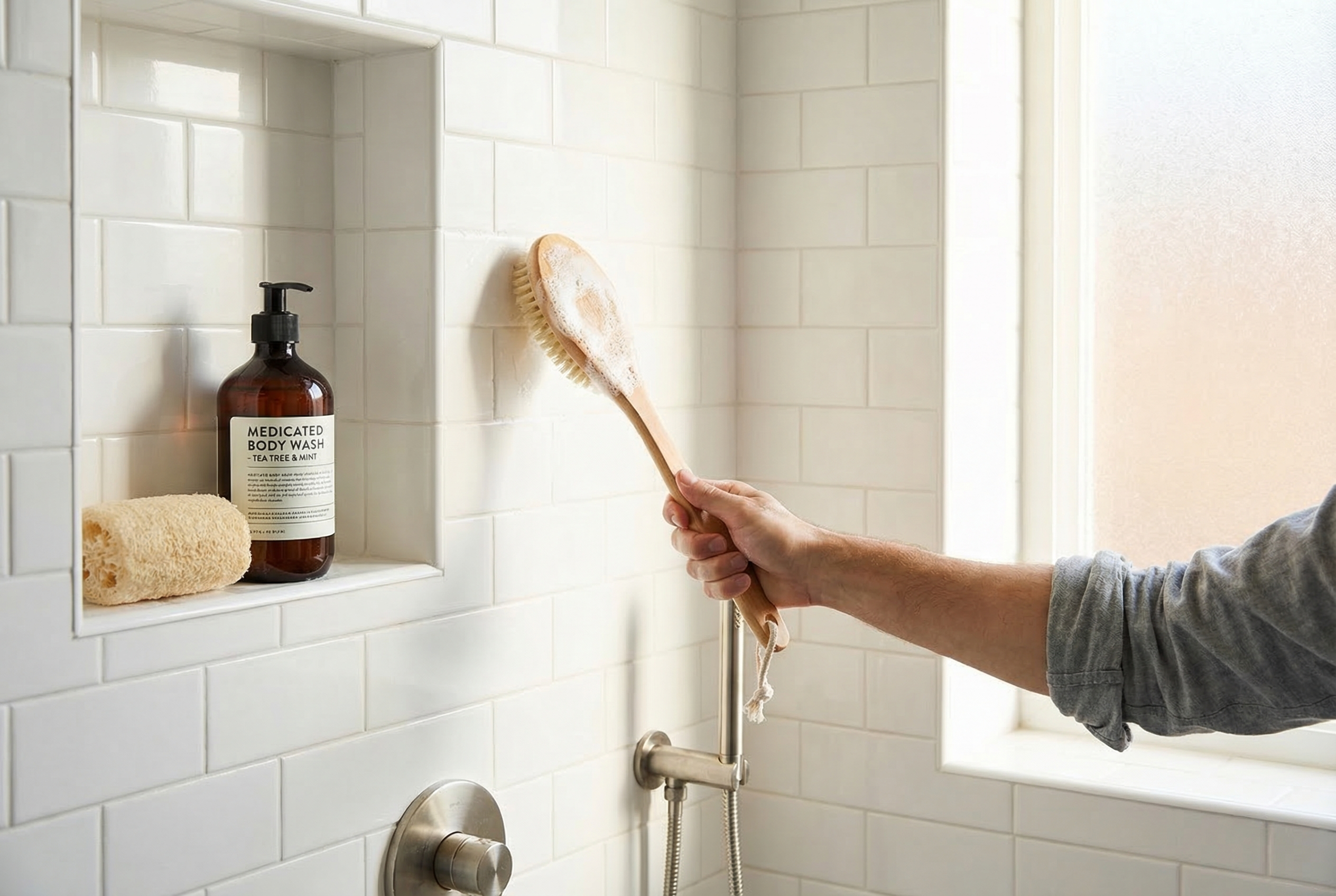 Teenager applying medicated body wash to their back in the shower, demonstrating proper technique