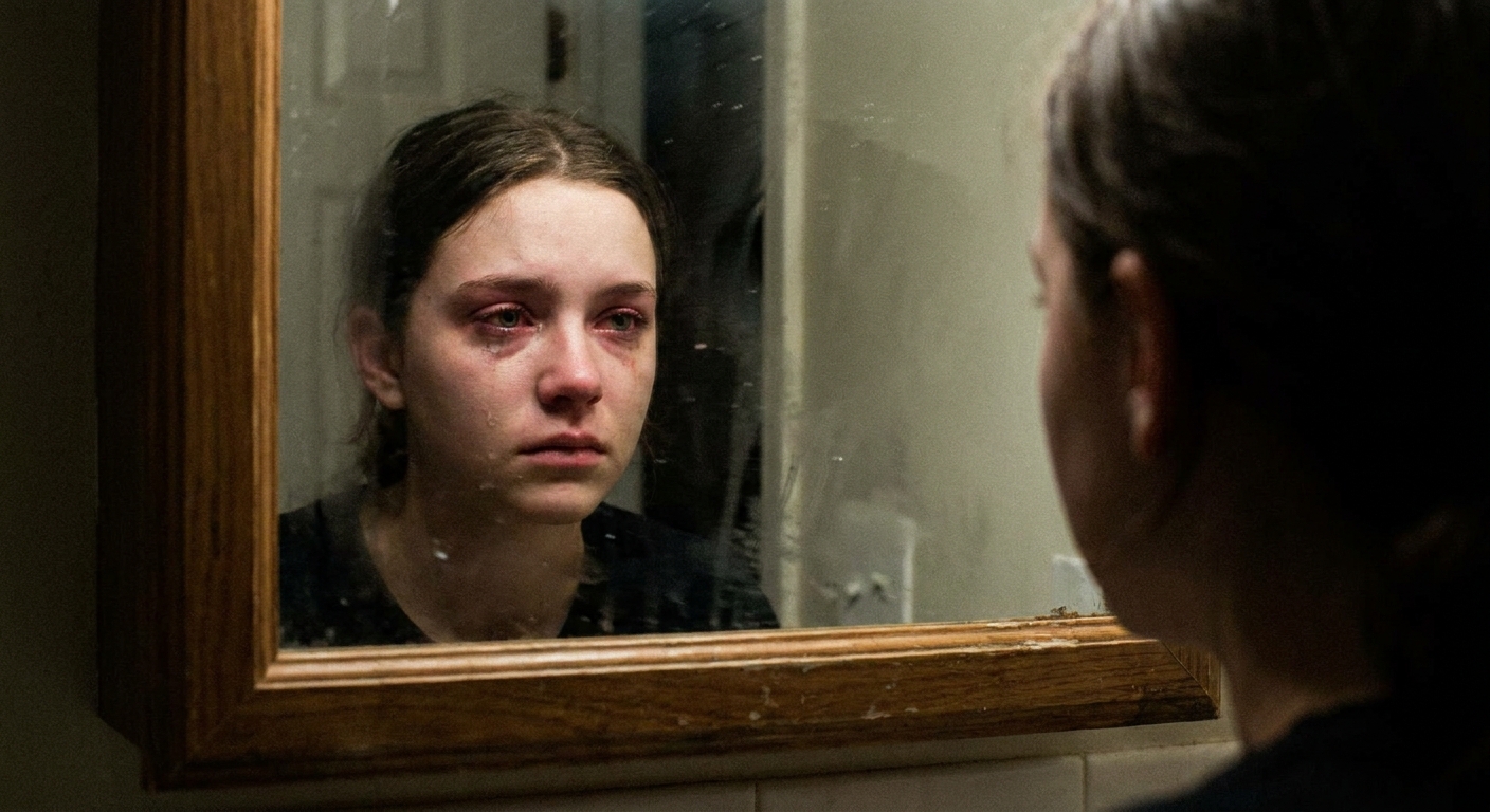 A teenager staring intensely at their reflection in a mirror