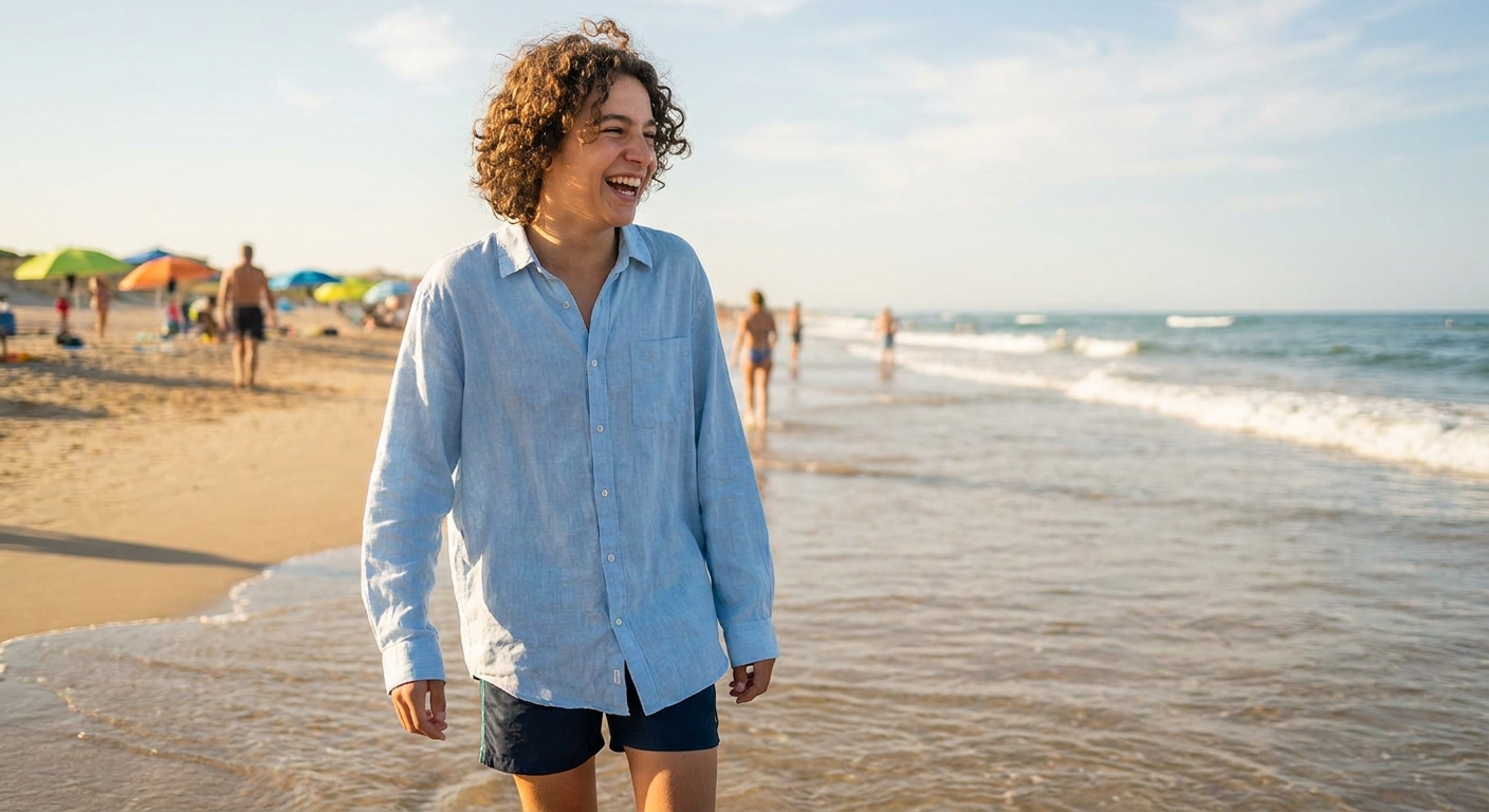 A teenager at the beach wearing a shirt over swimwear