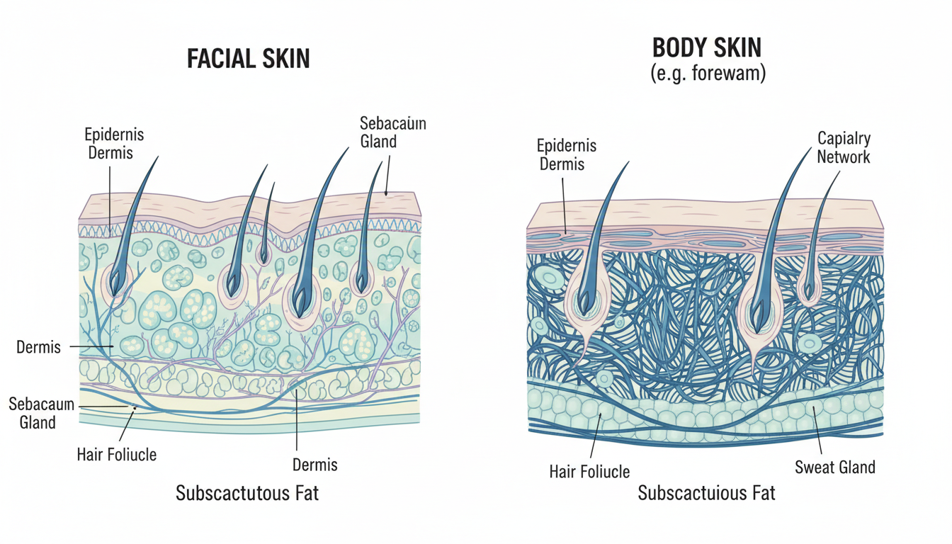 Infographic comparing body skin and facial skin structure side by side