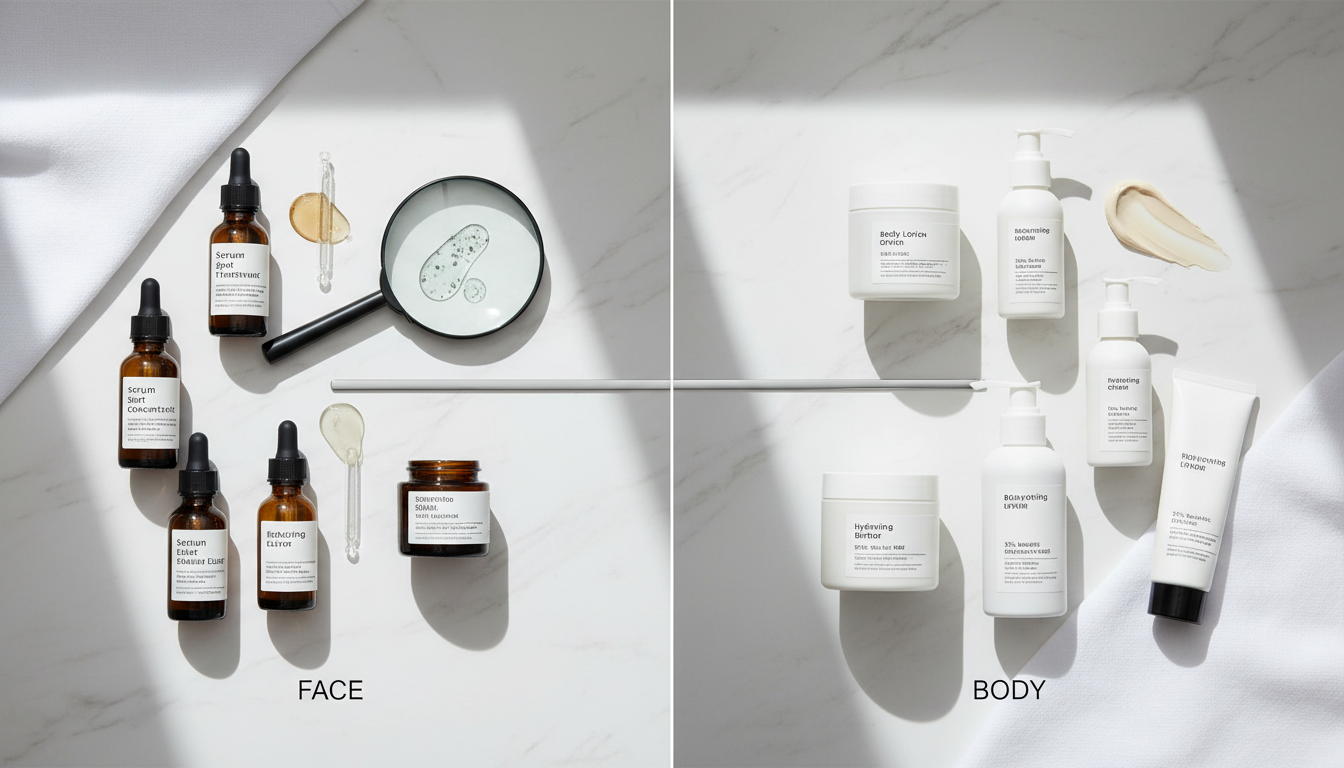 Side-by-side comparison of recommended product strengths for face vs. body