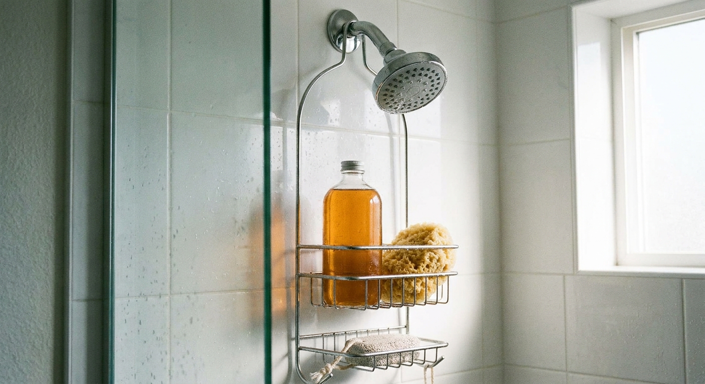 A benzoyl peroxide body wash in a shower