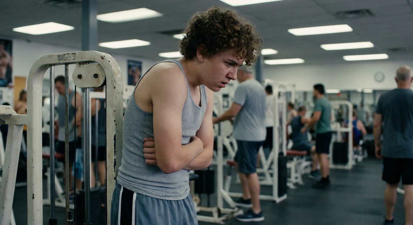 A teenager in a tank top looking uncomfortable