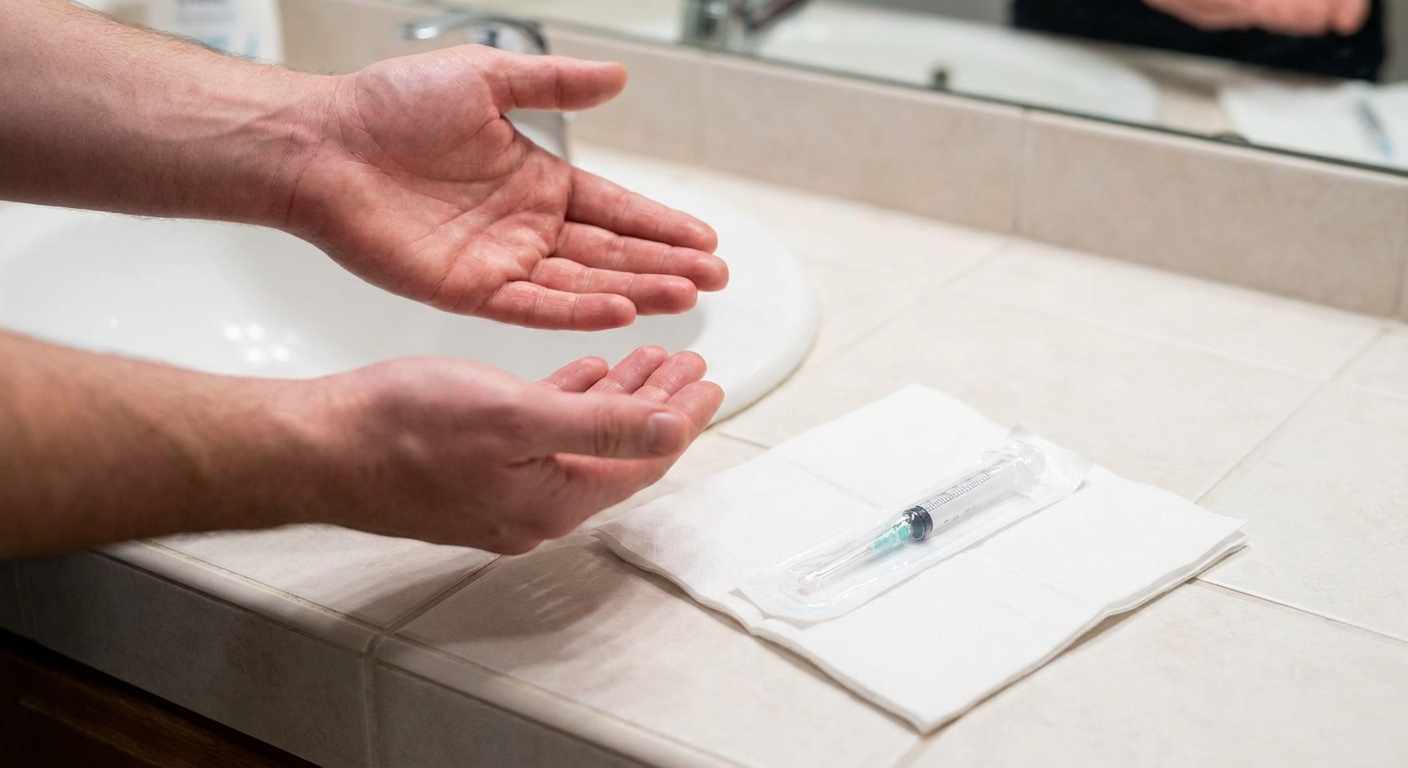 Clean hands and a sterilized needle on a tissue