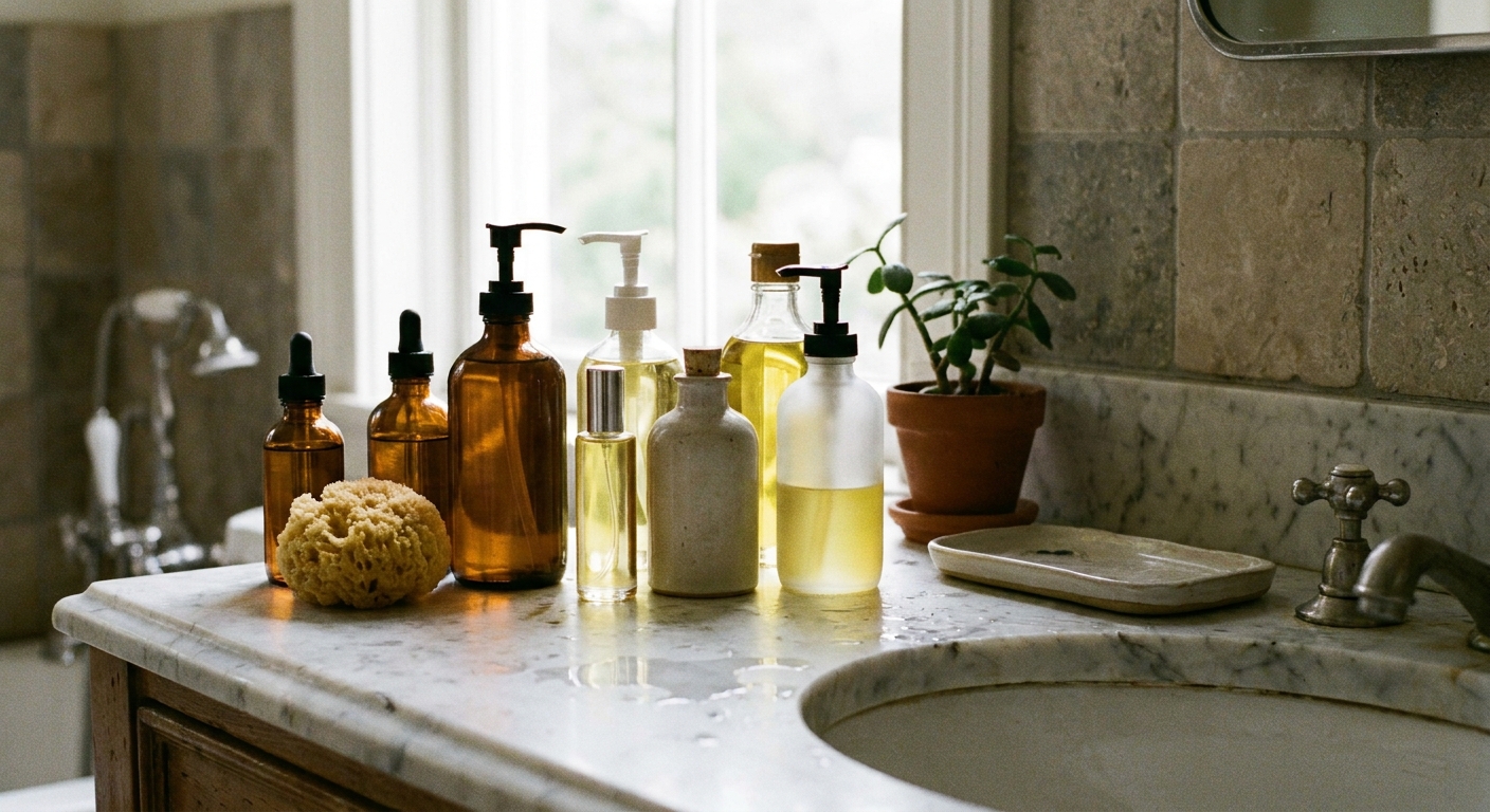 Different cleansing oils in bottles on a counter