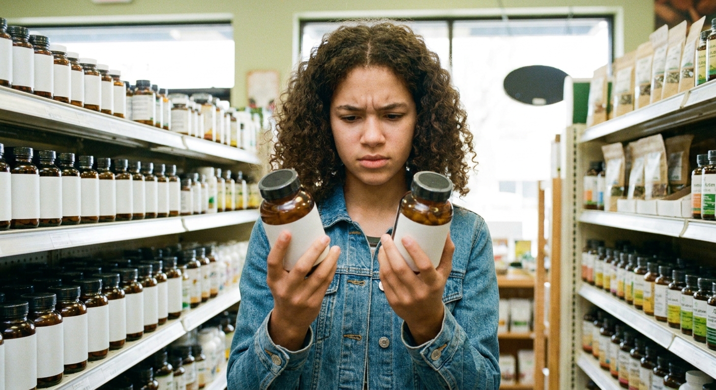 A teenager comparing supplement labels