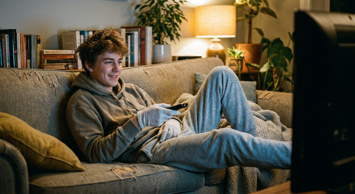 A teenager wearing thin cotton gloves while watching TV
