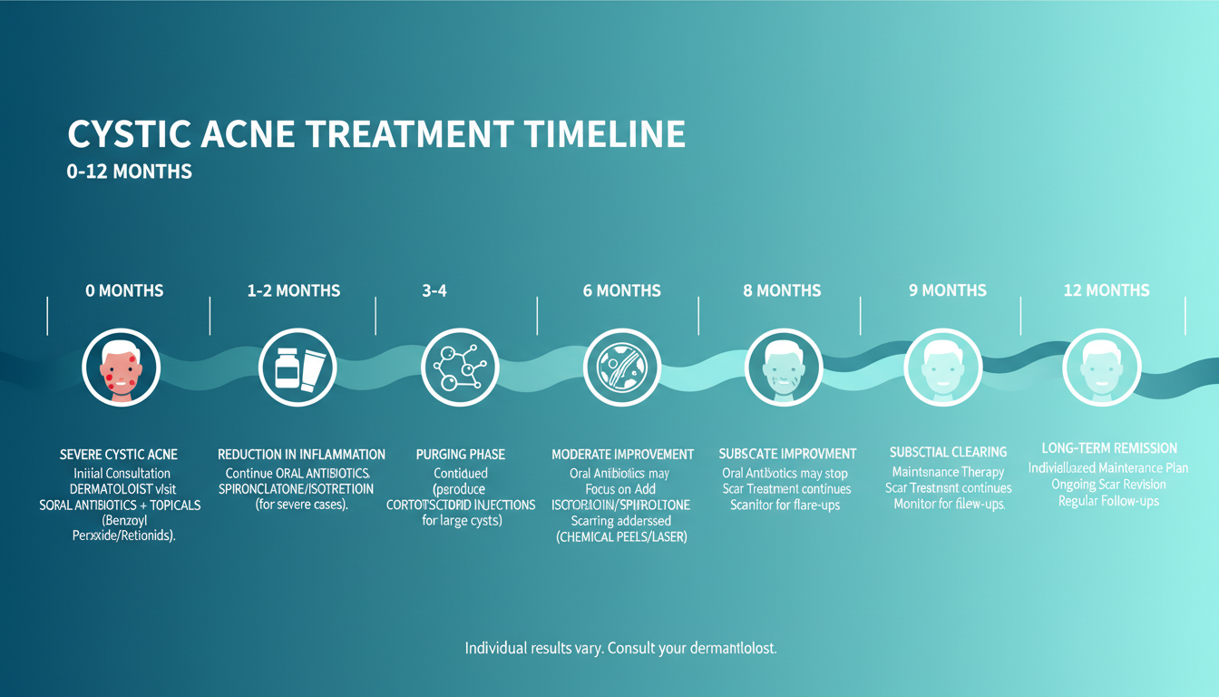 Infographic showing the treatment ladder for cystic acne — from topical retinoids through oral antibiotics, hormonal therapy, and isotretinoin
