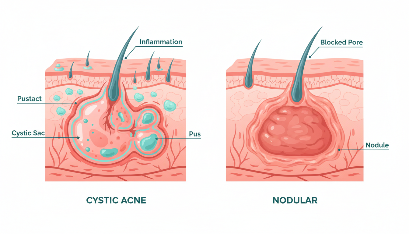 Diagram showing the depth of cystic acne compared to surface-level acne — cysts form deep in the dermis, far below the skin surface