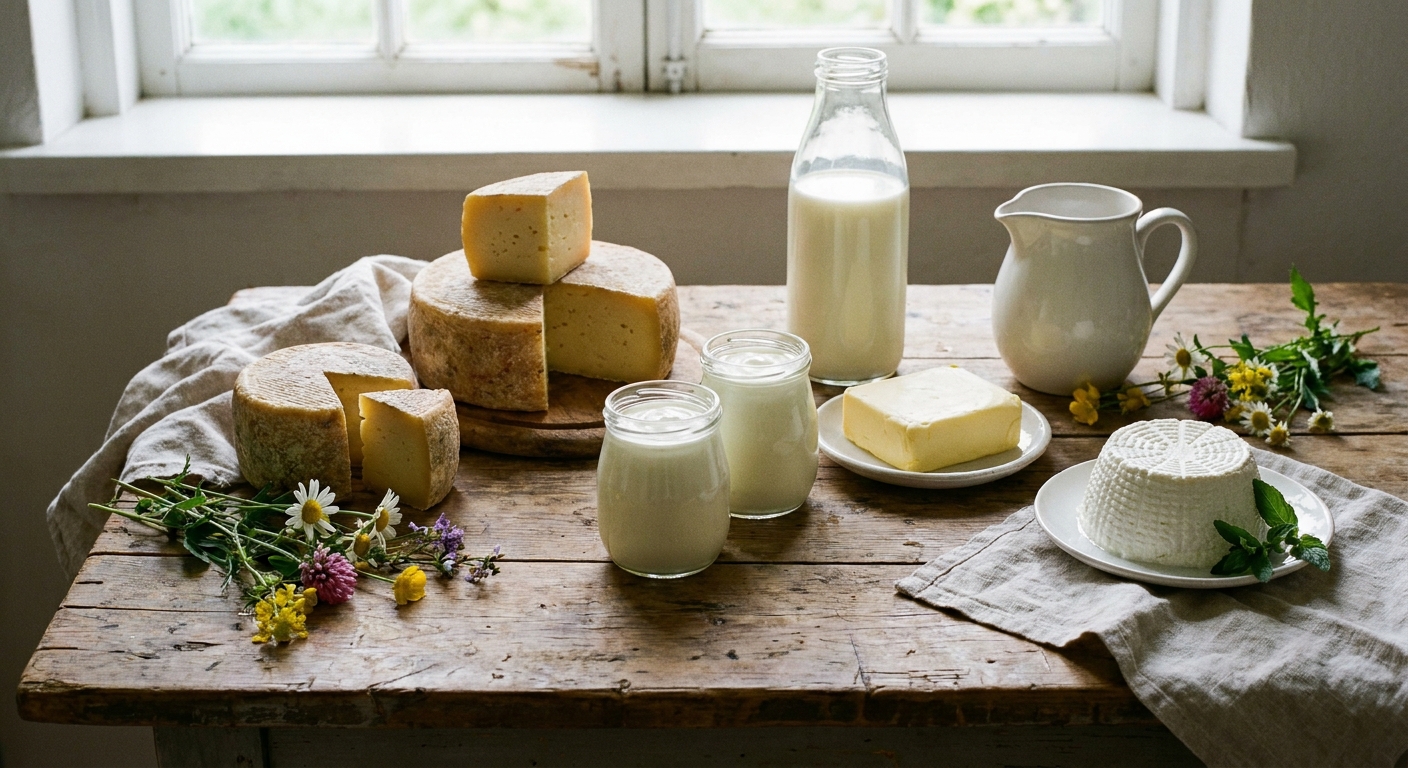 Dairy products like cheese and yogurt on a table