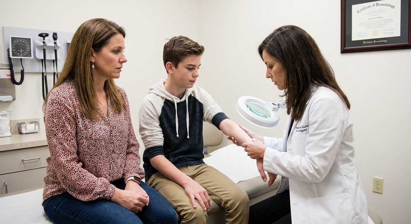 A teenager and parent at a dermatologist consultation