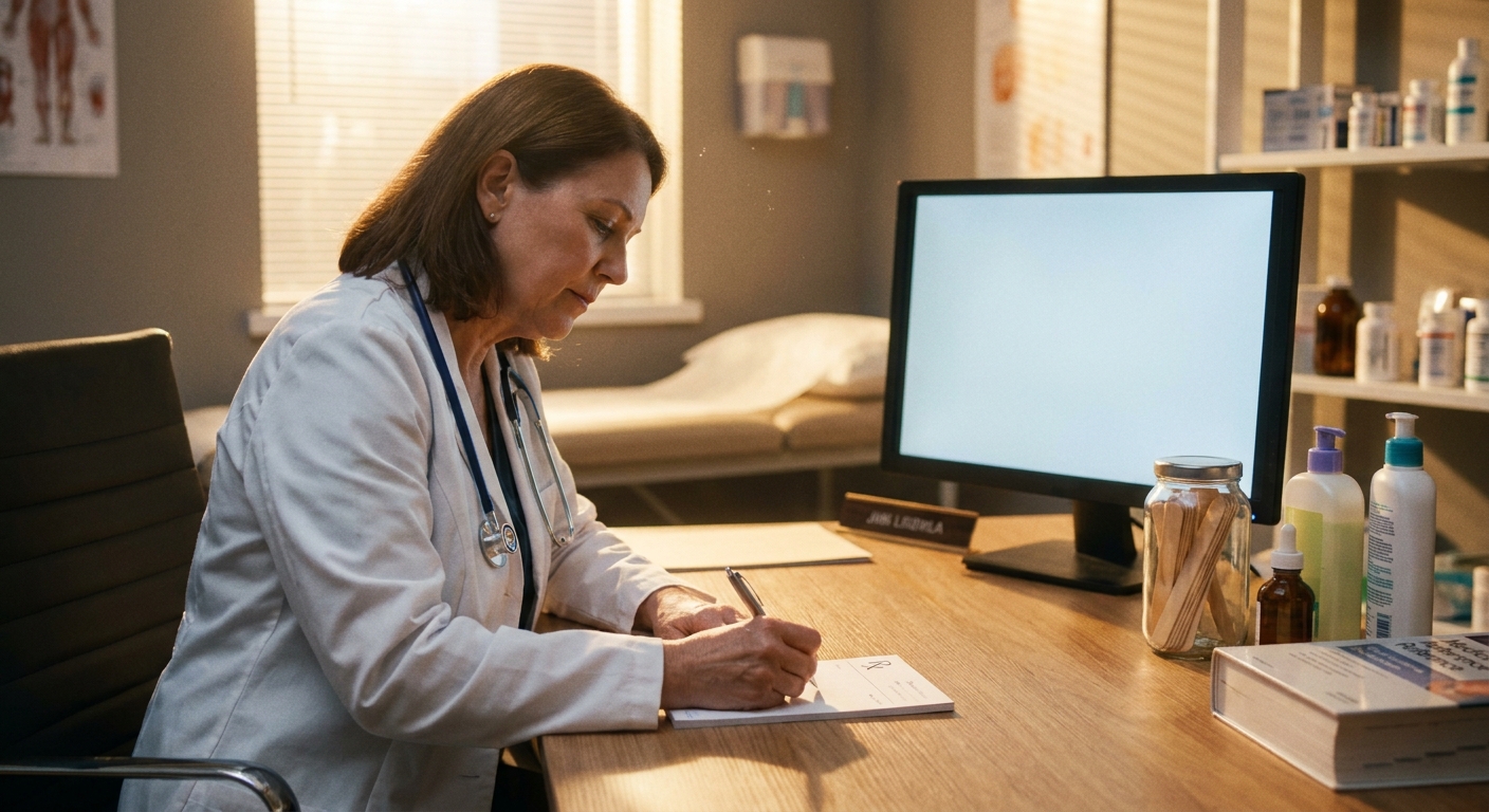 A dermatologist writing a prescription at a desk