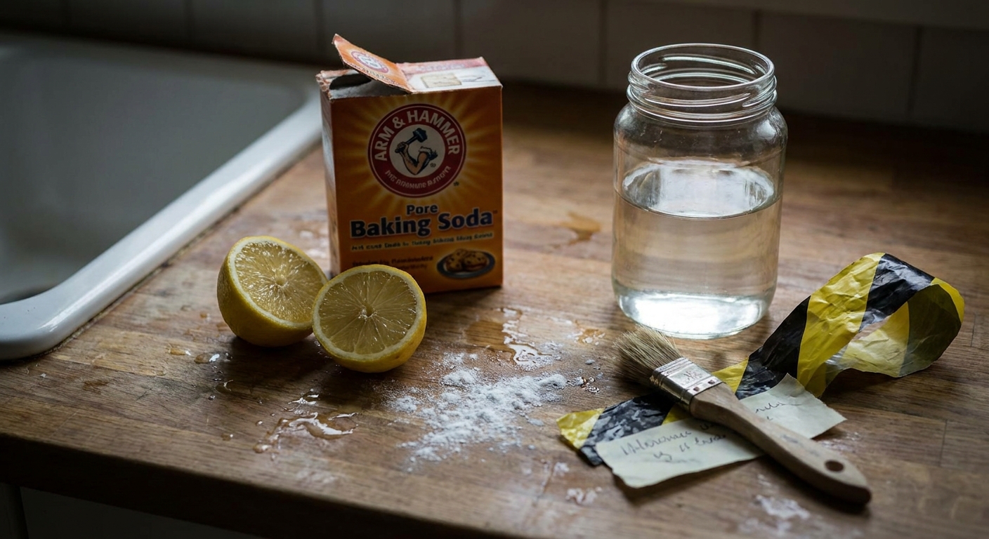 DIY ingredients like lemon and baking soda with warning signs