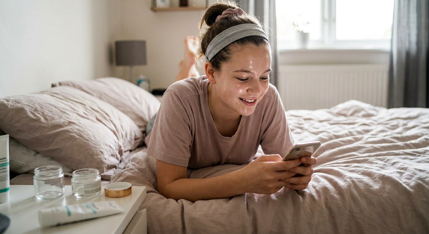 A teenager scrolling phone after finishing skincare routine