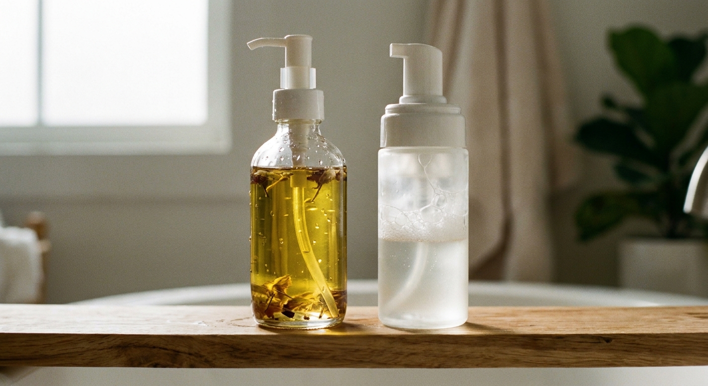 Two different cleansers side by side on a counter