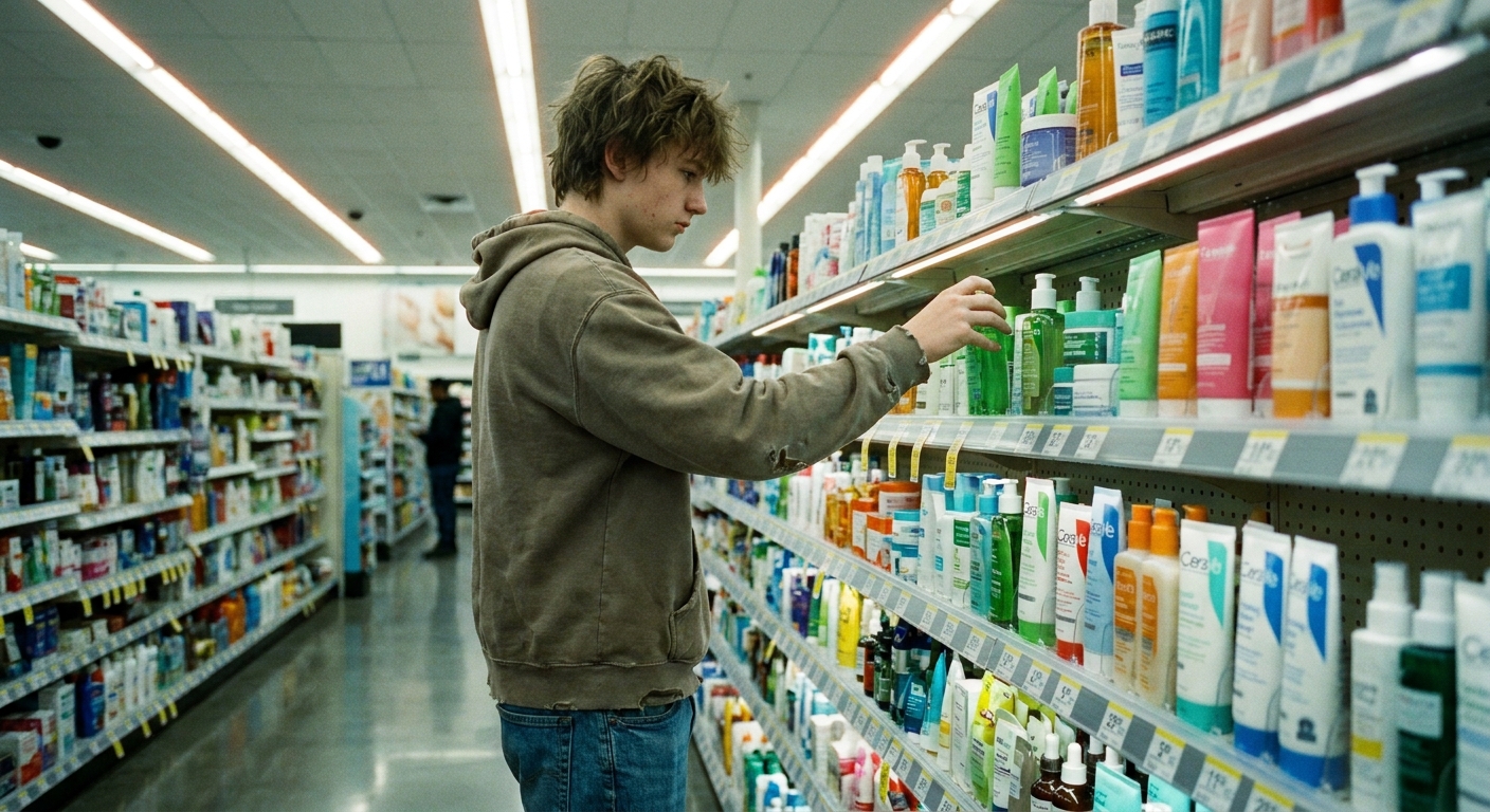 A teenager browsing skincare products in a drugstore aisle