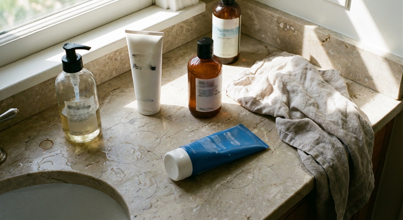 Various face wash products arranged on a bathroom counter
