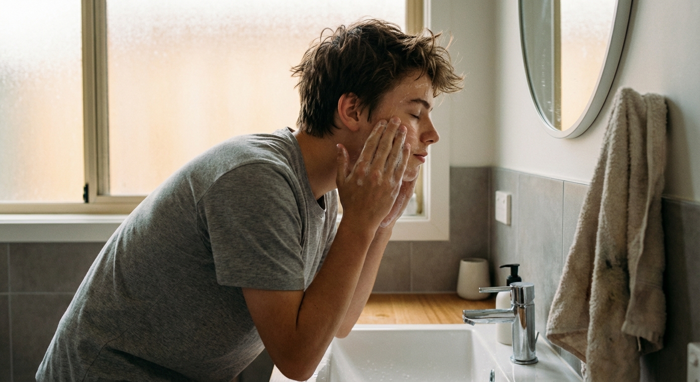A teenager washing his face at a bathroom sink