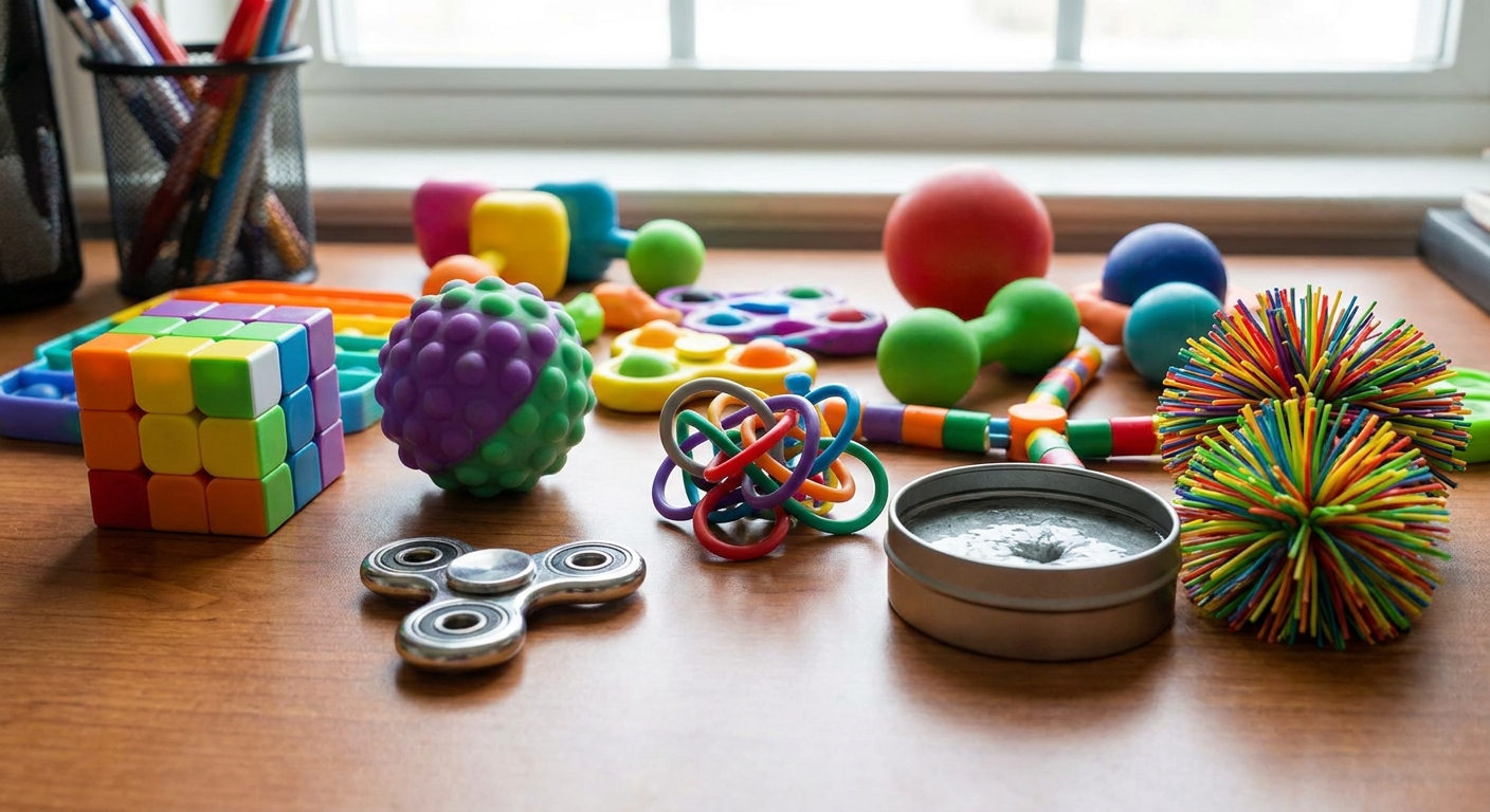 Fidget toys and stress balls on a desk