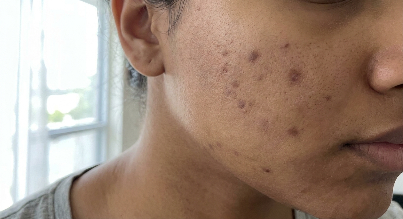 Close-up showing flat dark post-acne marks on skin