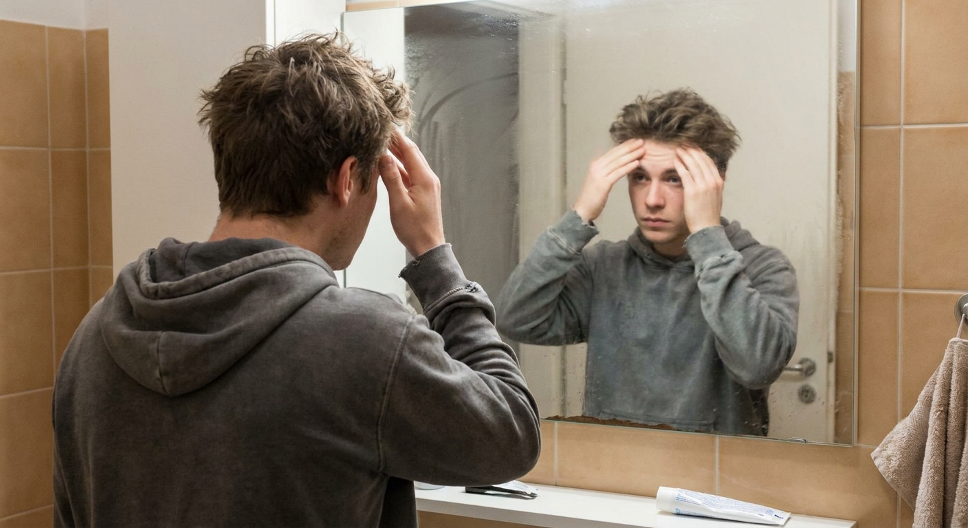 A teenager touching their forehead looking in a mirror
