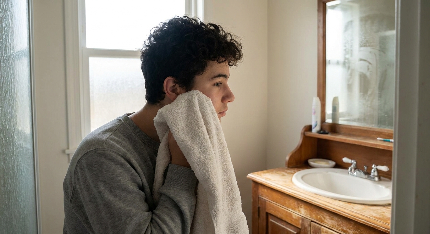 A teenager gently patting face with a soft towel
