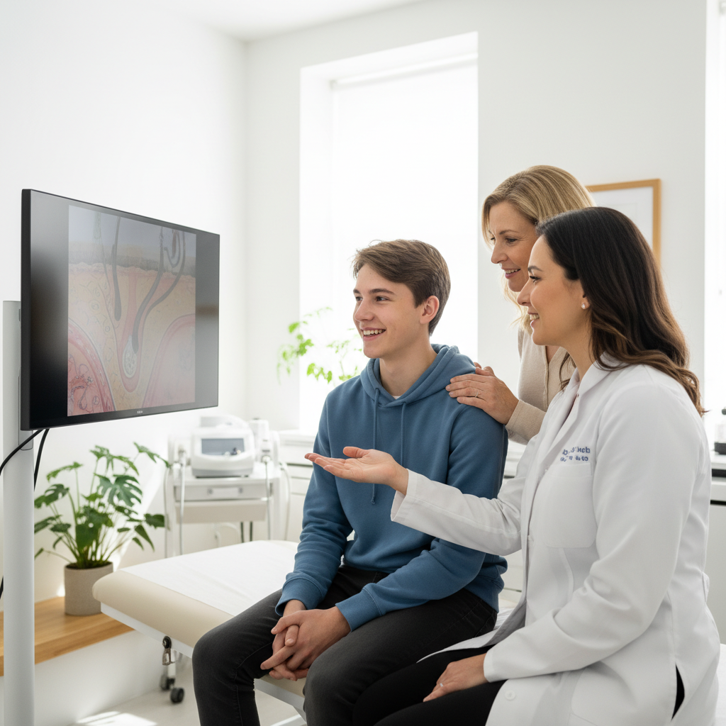 Teenager at a dermatologist appointment with a supportive parent nearby