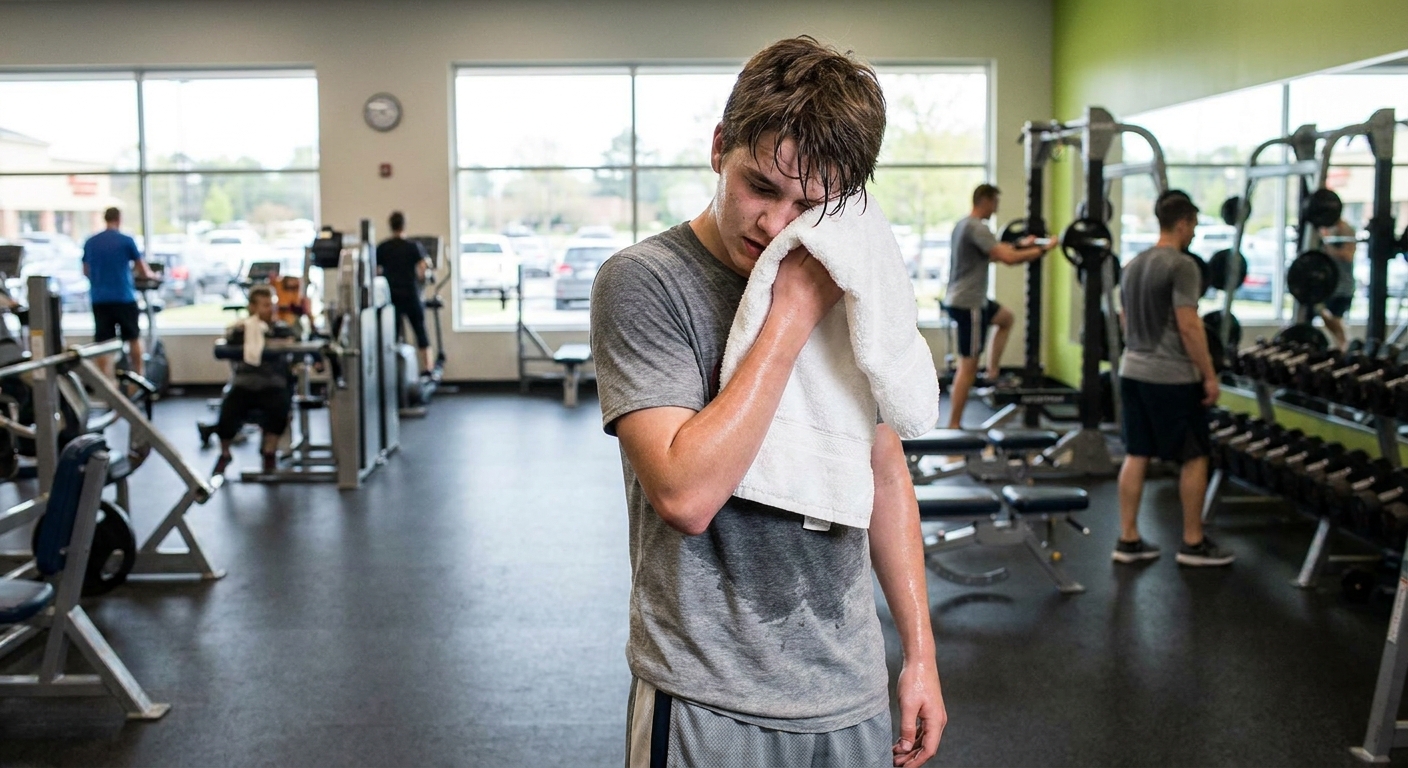 A teenager wiping face with a clean towel at the gym