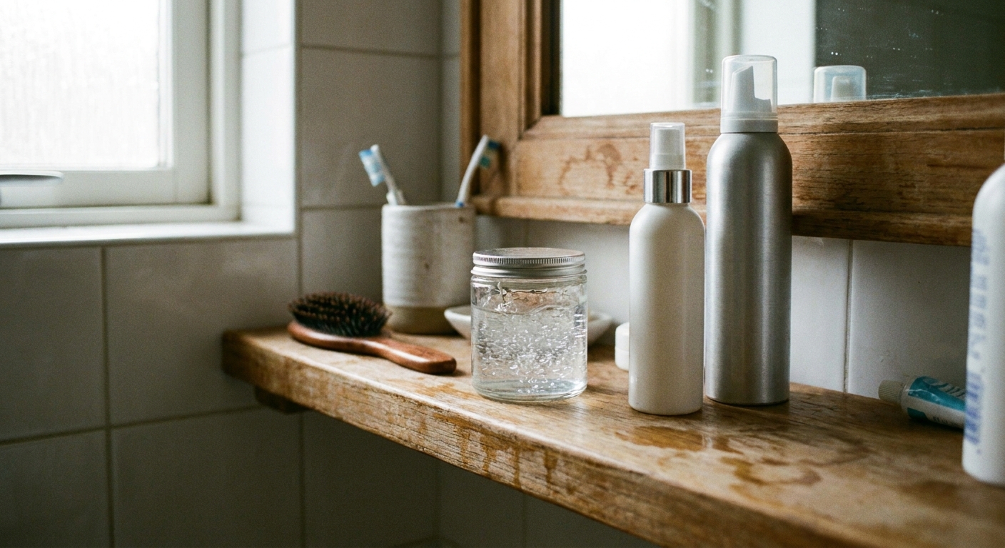 Hair products like gel and spray on a bathroom shelf
