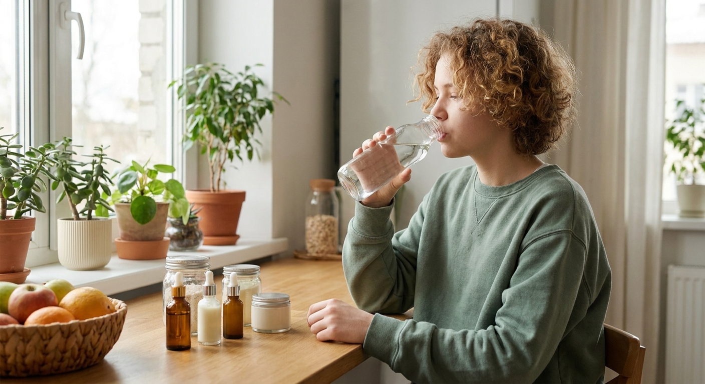 A teenager drinking water and doing skincare