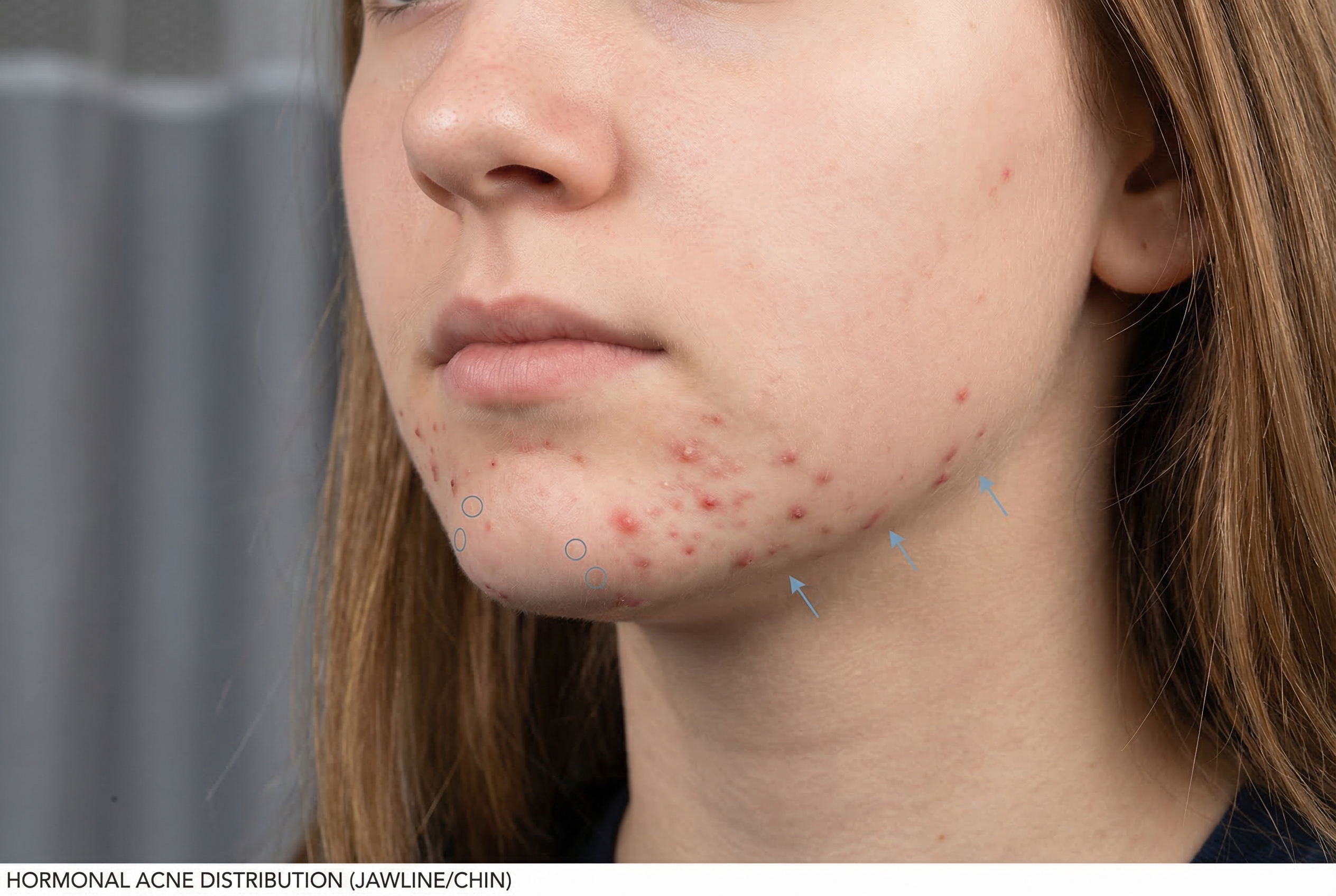 Illustration showing common areas where hormonal acne appears on a teenager's face, highlighting the T-zone, jawline, and chin