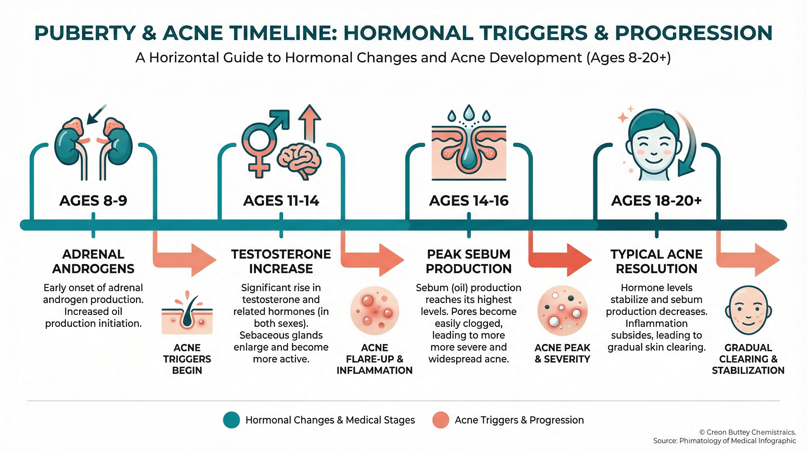 Diagram showing how androgen hormones affect the sebaceous glands and lead to acne formation