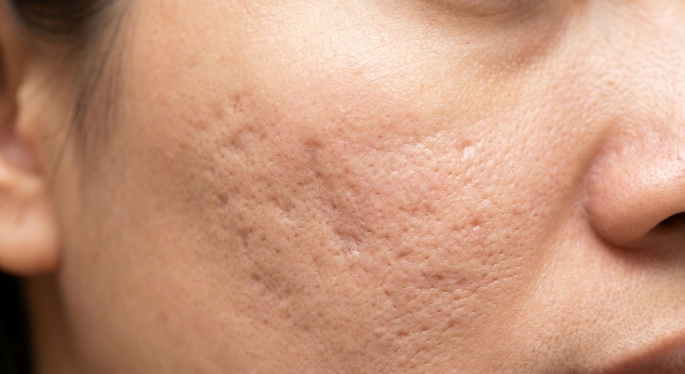 Close-up of indented ice-pick and boxcar acne scars