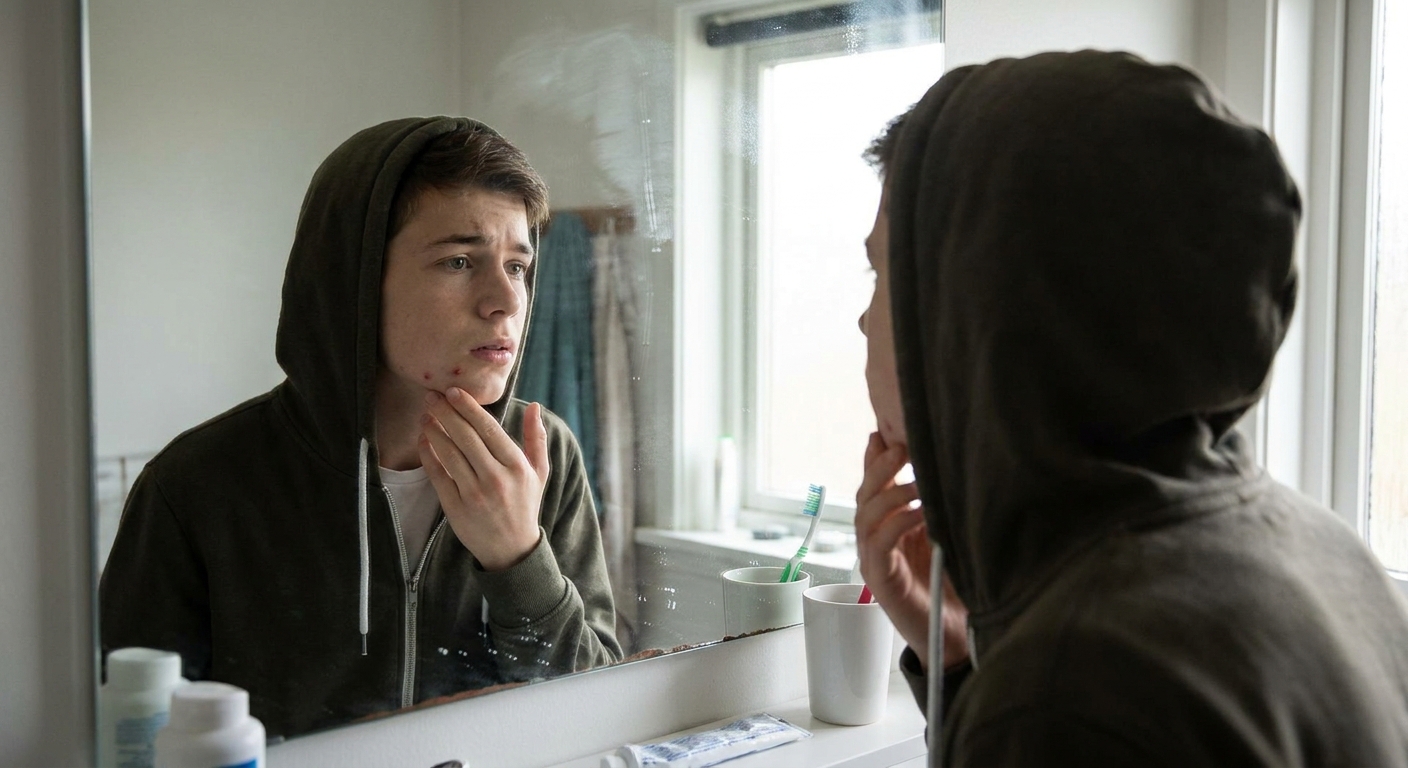 A teenager tracing their jawline acne in a mirror