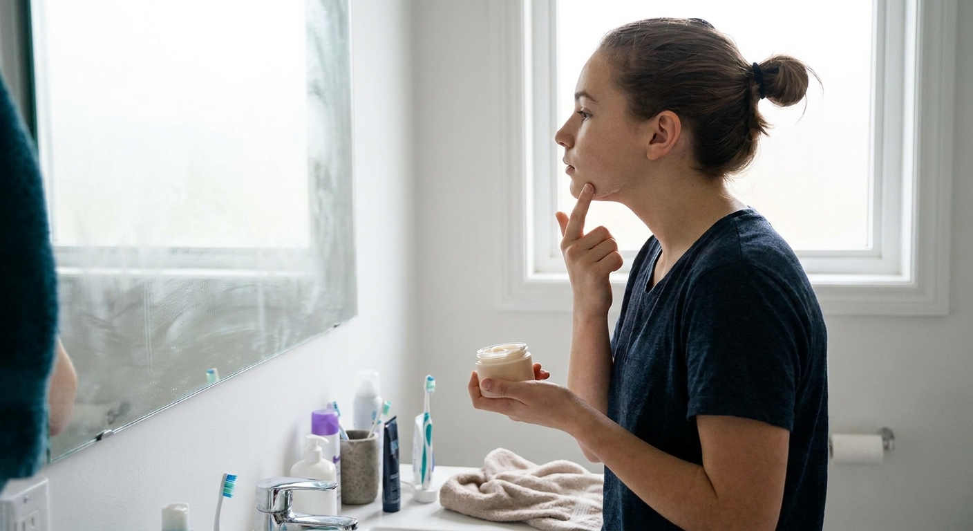 A teenager applying treatment along their jawline