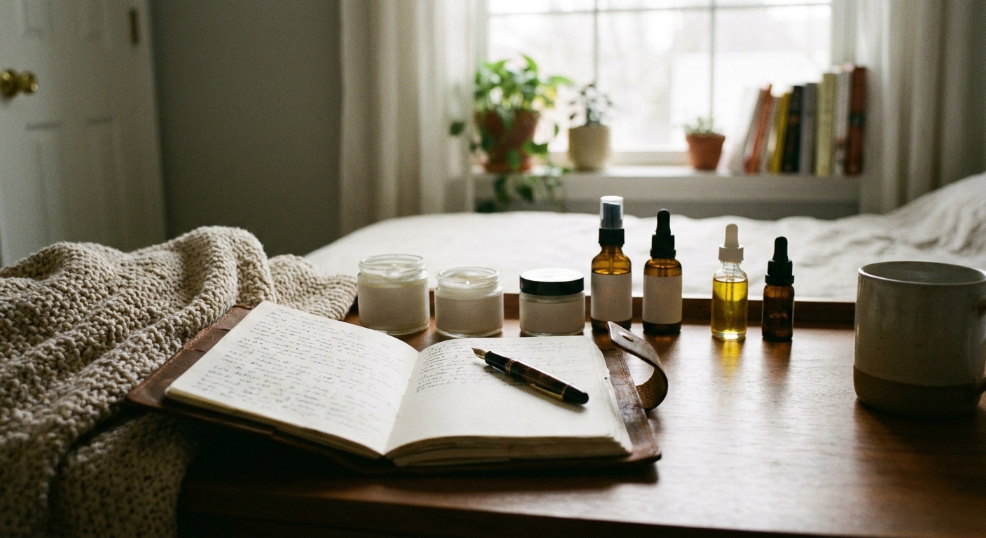 A journal and pen on a desk next to skincare products