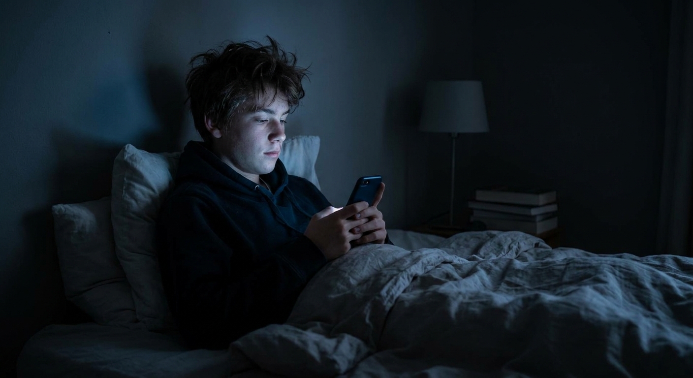 A teenager scrolling phone late at night with blue light on face