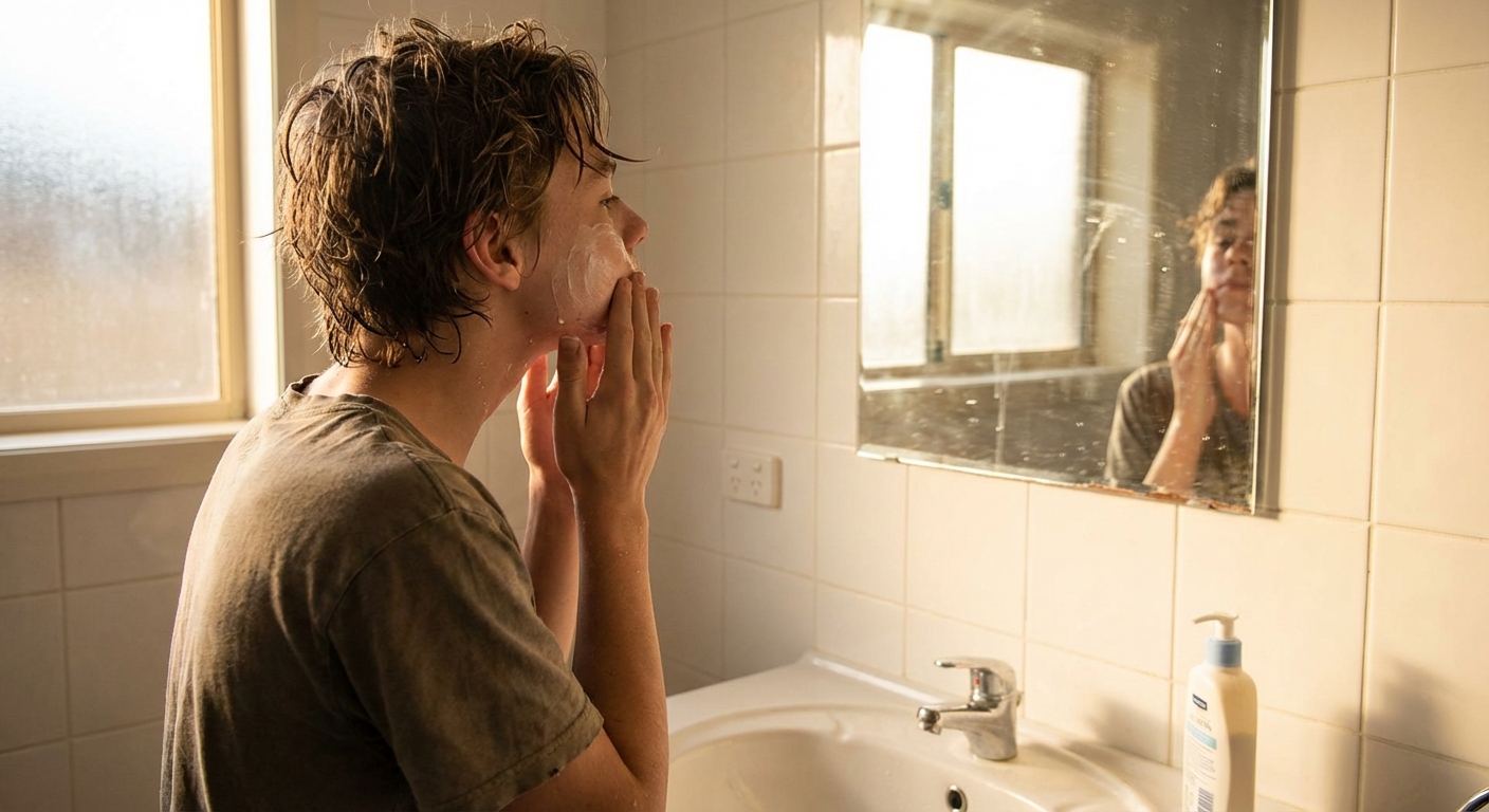 A teenager applying moisturizer to damp skin