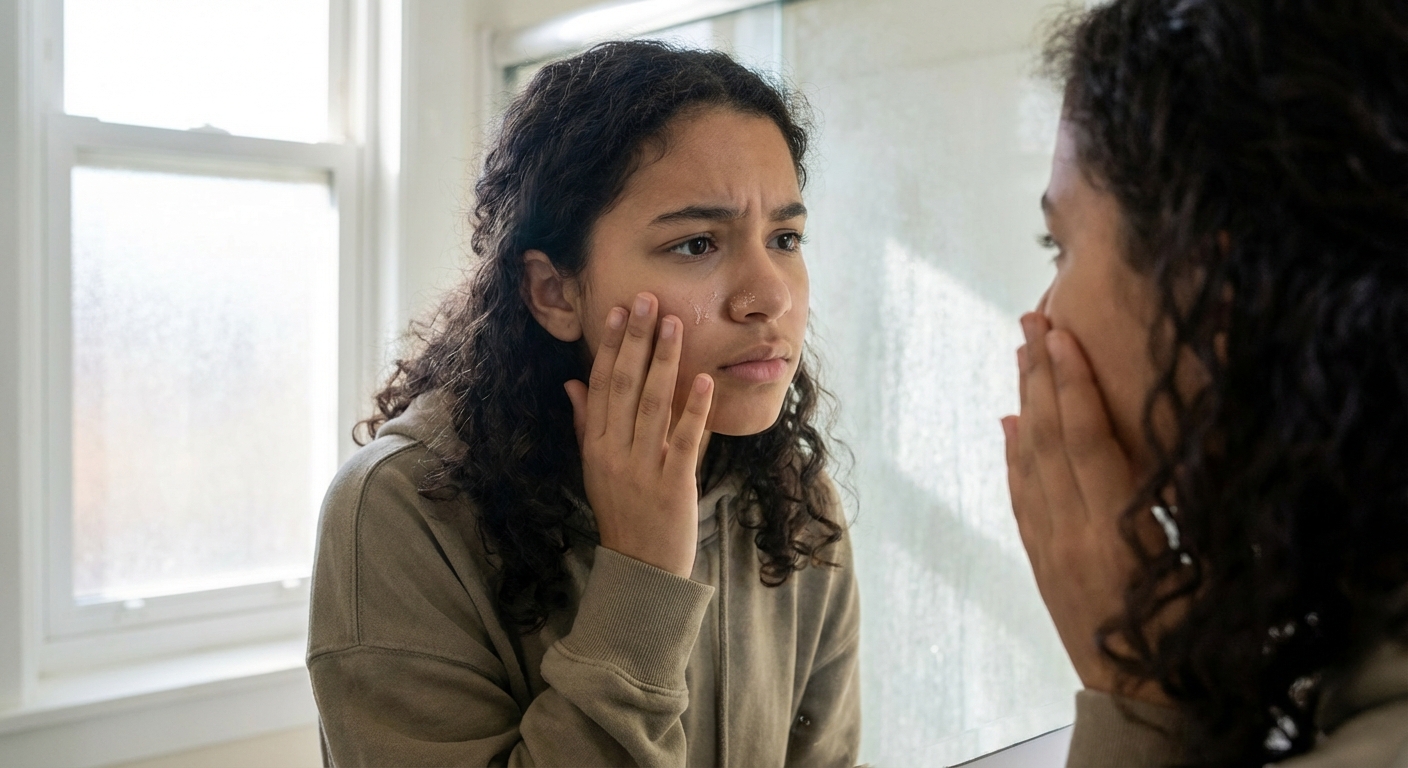 A teenager examining dry, flaky skin in the mirror