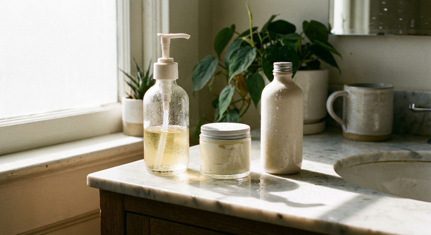 Morning skincare products lined up on a bathroom counter
