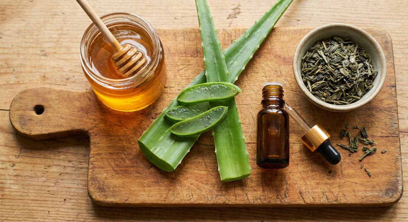 Natural skincare ingredients like honey, tea tree oil, and aloe arranged on a wooden surface