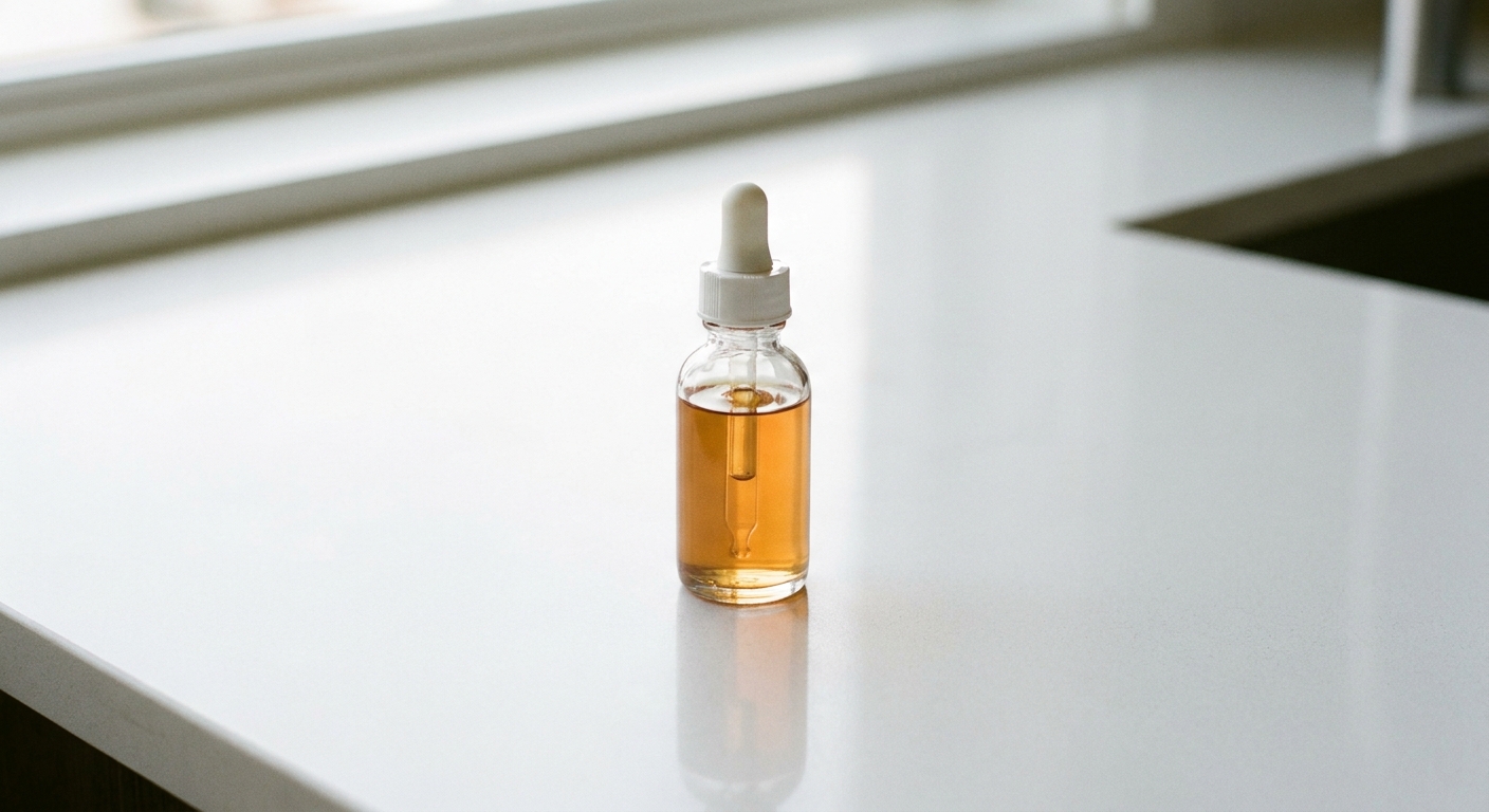 A small bottle of niacinamide serum on a counter