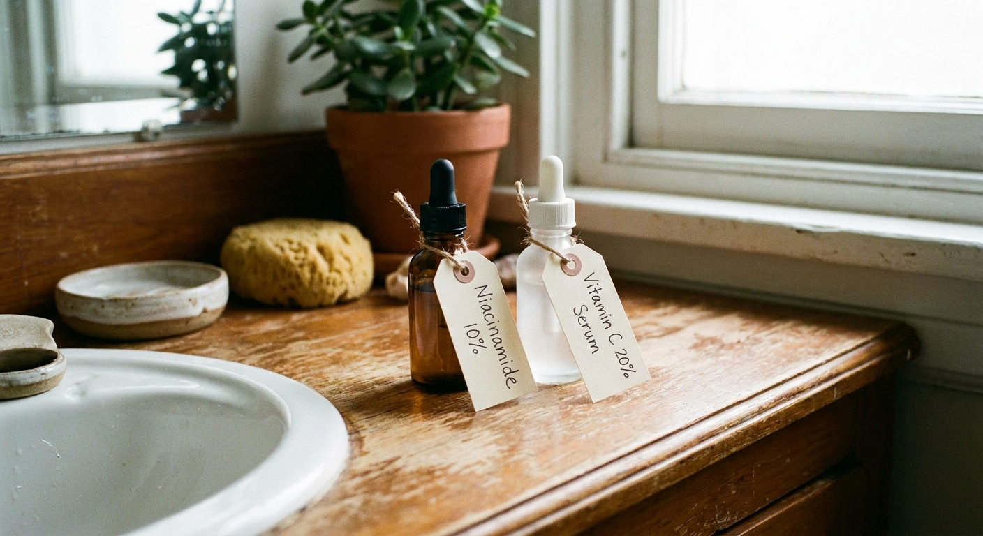 Niacinamide and vitamin C serums side by side