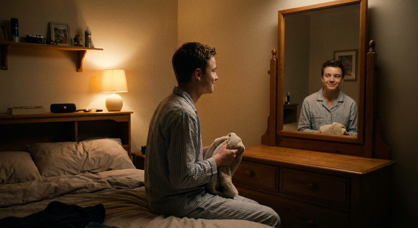 A teenager looking in mirror with clean skin before bed